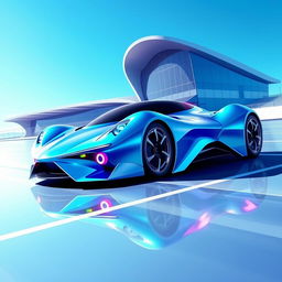 A vibrant digital illustration of a futuristic sports car racing on a sleek track