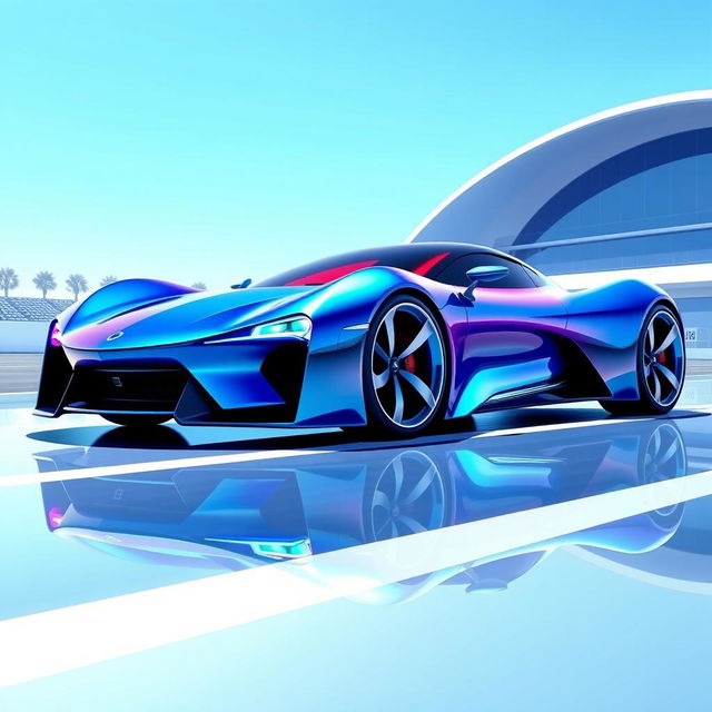 A vibrant digital illustration of a futuristic sports car racing on a sleek track