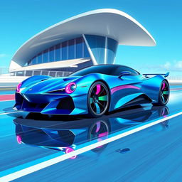 A vibrant digital illustration of a futuristic sports car racing on a sleek track