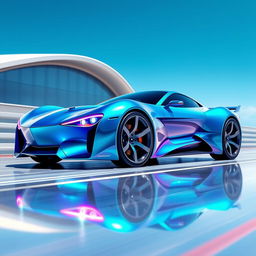 A vibrant digital illustration of a futuristic sports car racing on a sleek track