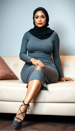 A 40-year-old woman wearing a stylish hijab with white skin and a voluptuous figure, elegantly dressed in a chic gray tight short dress that accentuates her curves