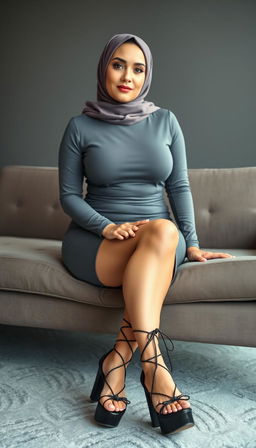 A 40-year-old woman wearing a stylish hijab with white skin and a voluptuous figure, elegantly dressed in a chic gray tight short dress that accentuates her curves