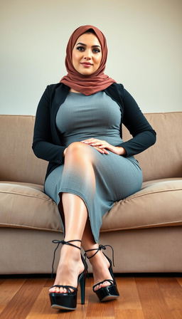 A 40-year-old woman wearing a stylish hijab with white skin and a voluptuous figure, elegantly dressed in a chic gray tight short dress that accentuates her curves