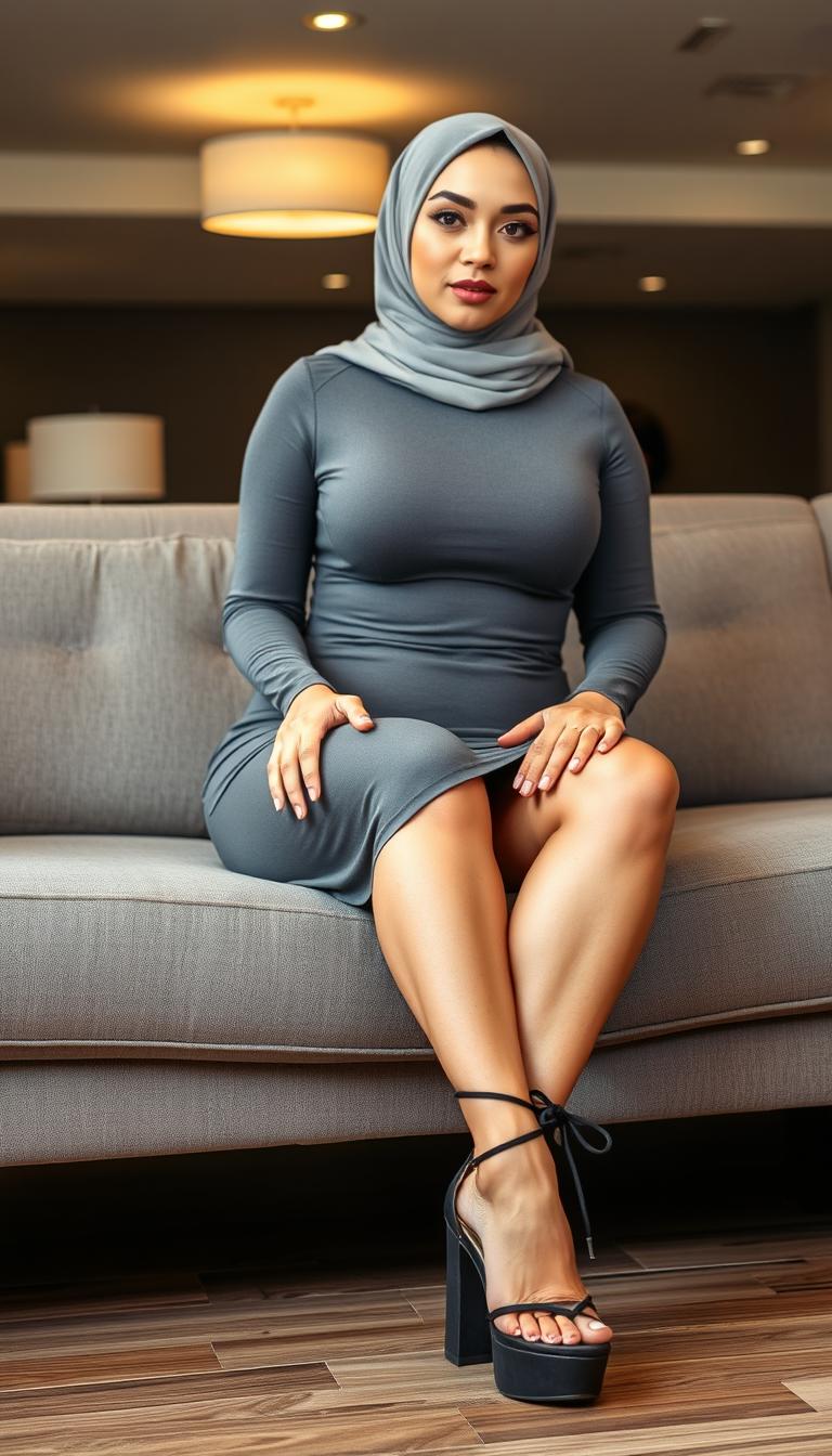 A 40-year-old woman wearing a stylish hijab with white skin and a voluptuous figure, elegantly dressed in a chic gray tight short dress that accentuates her curves