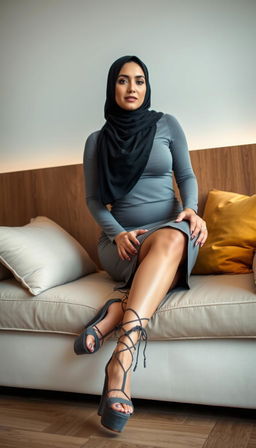 A 40-year-old woman wearing a stylish hijab with white skin and a voluptuous figure, dressed in a form-fitting gray tight short dress that accentuates her curves