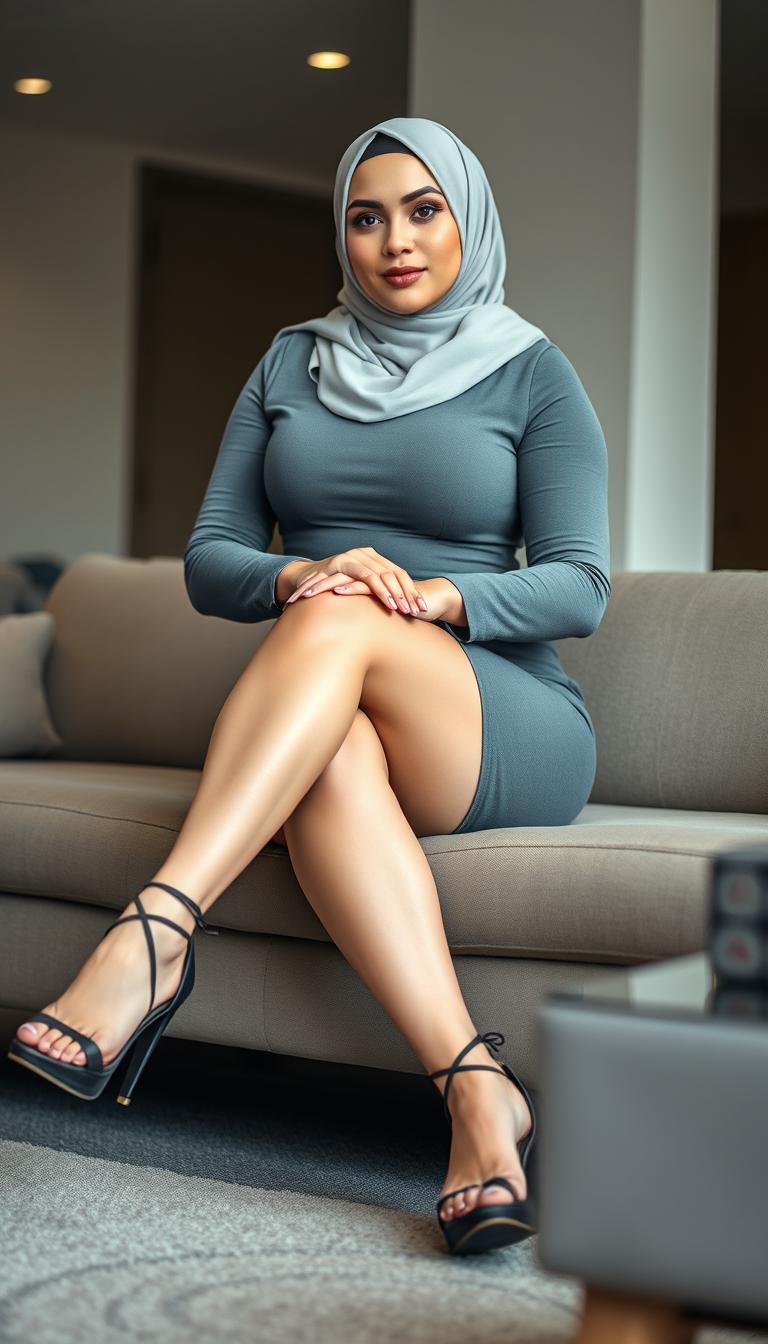 A 40-year-old woman wearing a stylish hijab with white skin and a voluptuous figure, dressed in a form-fitting gray tight short dress that accentuates her curves