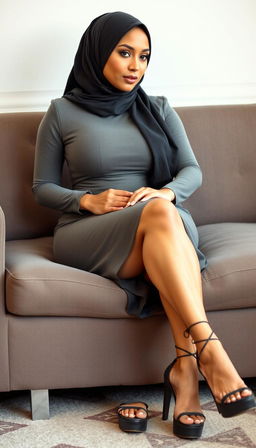 A 40-year-old woman wearing a stylish hijab with white skin and a voluptuous figure, dressed in a form-fitting gray tight short dress that accentuates her curves