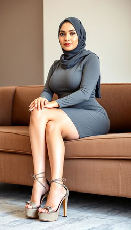 A 40-year-old woman wearing a fashionable hijab, showcasing her white skin and voluptuous figure