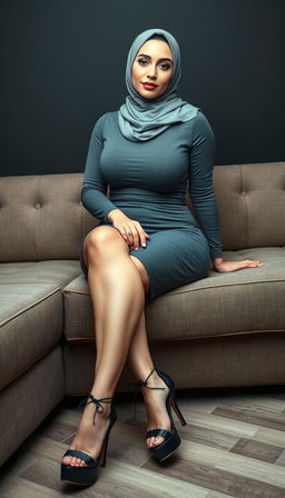 A 40-year-old woman wearing a fashionable hijab, showcasing her white skin and voluptuous figure