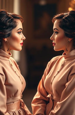 A captivating image of identical twin sisters gazing at each other, their expressions mirroring one another perfectly, creating a mesmerizing mirror effect