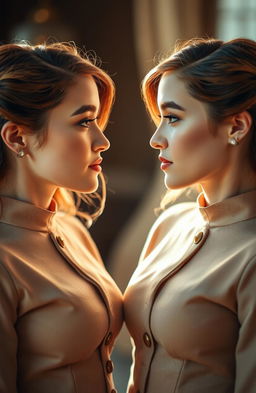 A captivating image of identical twin sisters gazing at each other, their expressions mirroring one another perfectly, creating a mesmerizing mirror effect