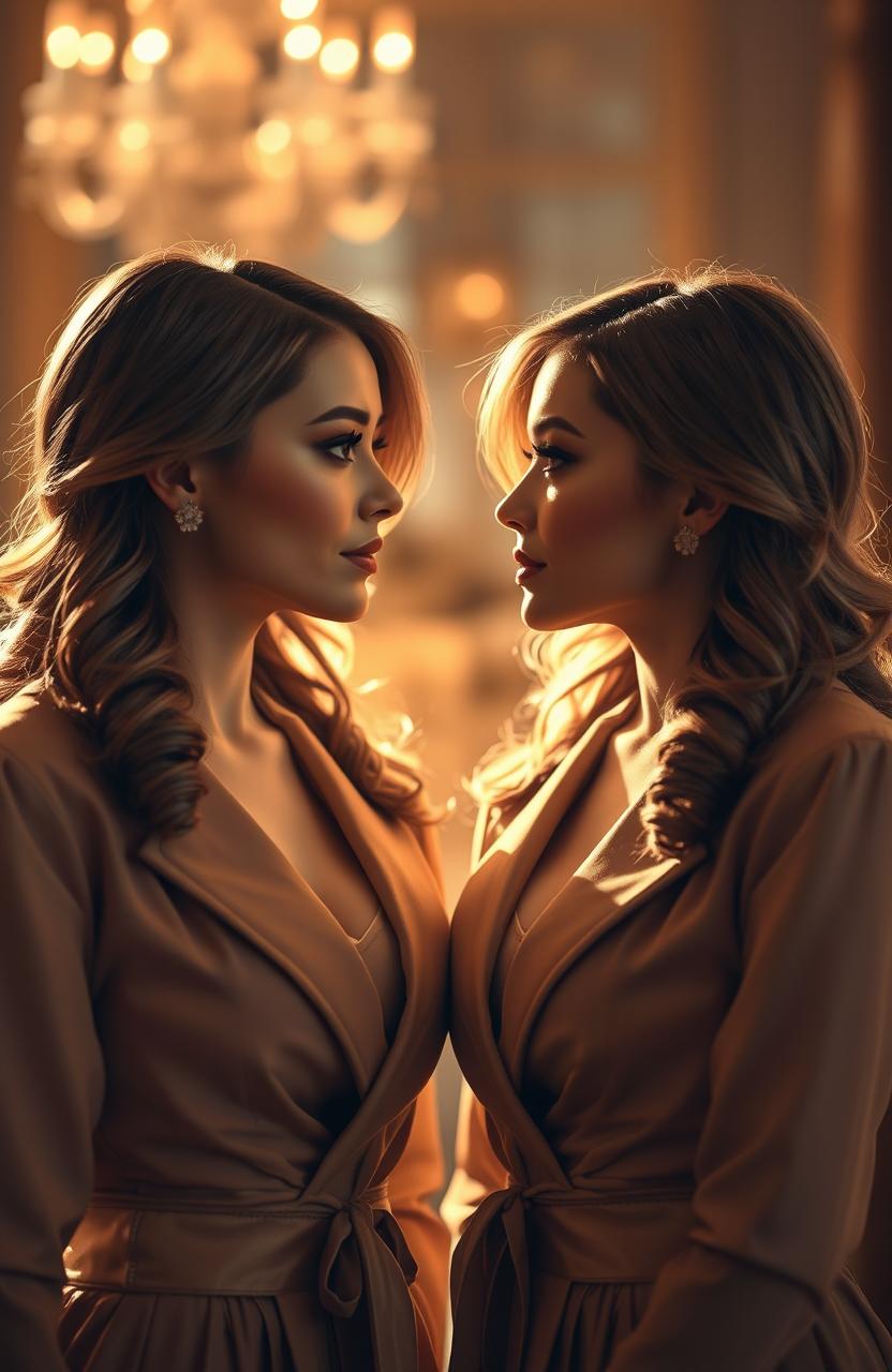 A captivating image of identical twin sisters gazing at each other, their expressions mirroring one another perfectly, creating a mesmerizing mirror effect