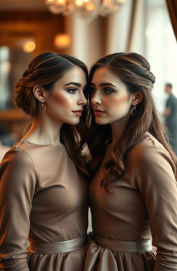 A captivating image of identical twin sisters gazing at each other, their expressions mirroring one another perfectly, creating a mesmerizing mirror effect