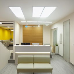 Stylish and functional interior of a small medical clinic with modern furniture, brightly lit reception area, consulting rooms, waiting area with comfortable seats, and clean hallways.