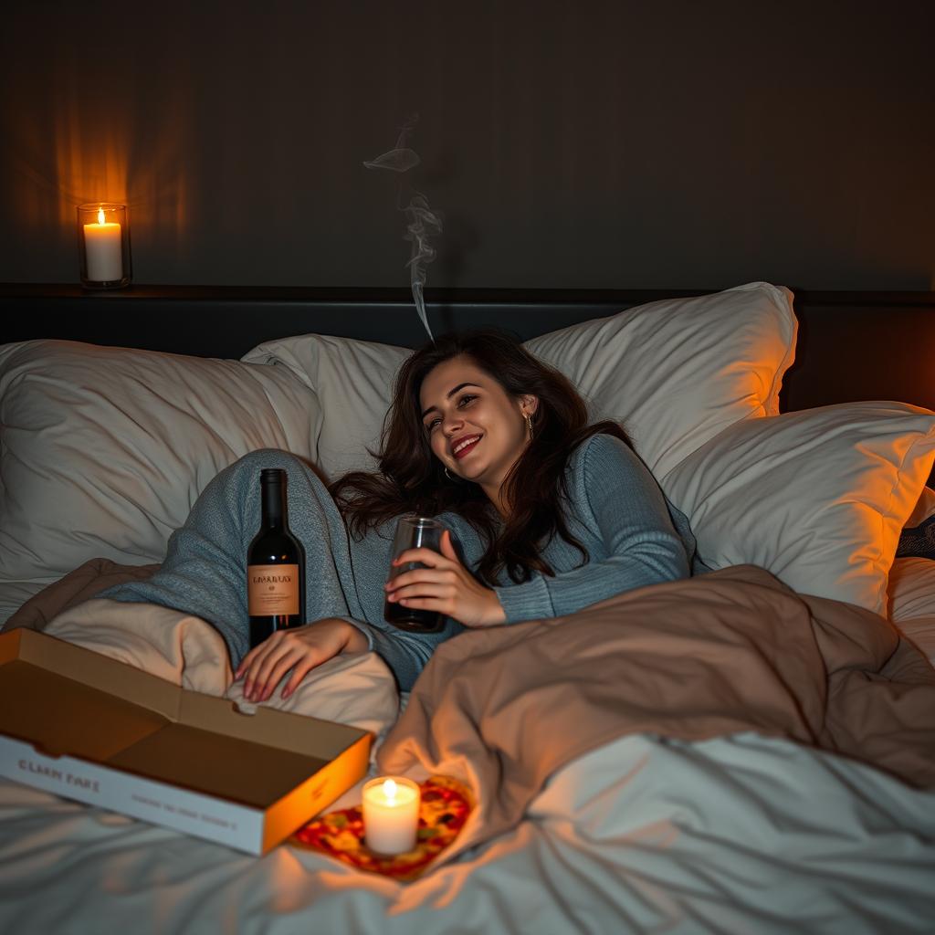 A romantic scene featuring a couple lying together on a cozy bed, surrounded by soft pillows and blankets