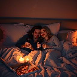 A romantic scene featuring a couple lying together on a cozy bed, surrounded by soft pillows and blankets