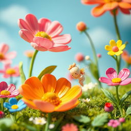 A whimsical, cute fantasy landscape with vibrant colors and oversized flowers, featuring a small, enchanting creature resembling a fairy with delicate wings, playfully interacting with nature