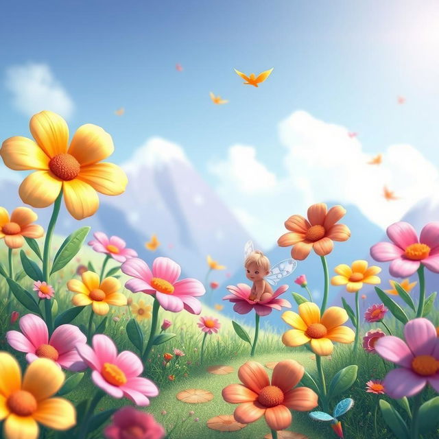 A whimsical, cute fantasy landscape with vibrant colors and oversized flowers, featuring a small, enchanting creature resembling a fairy with delicate wings, playfully interacting with nature