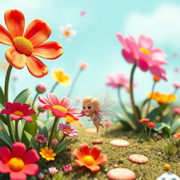 A whimsical, cute fantasy landscape with vibrant colors and oversized flowers, featuring a small, enchanting creature resembling a fairy with delicate wings, playfully interacting with nature