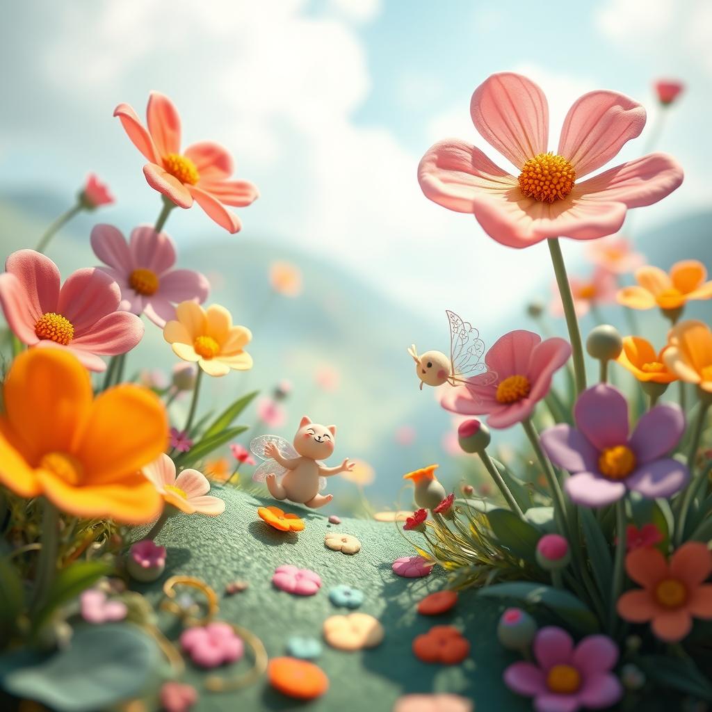 A whimsical, cute fantasy landscape with vibrant colors and oversized flowers, featuring a small, enchanting creature resembling a fairy with delicate wings, playfully interacting with nature