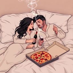 A romantic scene showcasing a couple lying comfortably on a cozy bed, surrounded by soft pillows and blankets