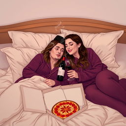 A romantic scene showcasing a couple lying comfortably on a cozy bed, surrounded by soft pillows and blankets