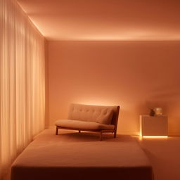 A relaxing, chill vibe room with soothing lighting, cozy furniture, decorated with minimalist aesthetics and soft colors