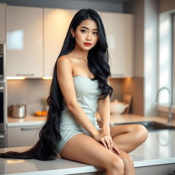 A beautiful Chinese woman with long black hair, sitting gracefully on a kitchen counter