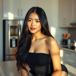 A beautiful Chinese woman with long black hair, sitting gracefully on a kitchen counter