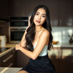 A beautiful Chinese woman with long black hair, sitting gracefully on a kitchen counter