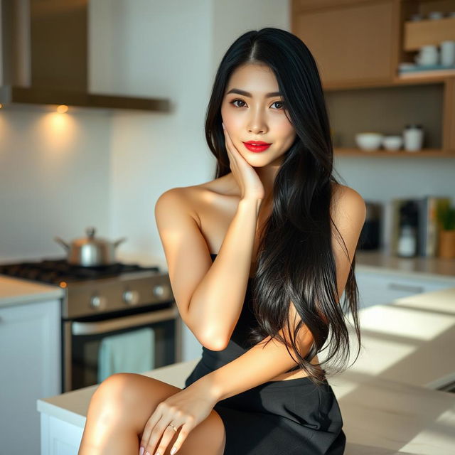 A beautiful Chinese woman with long black hair, sitting gracefully on a kitchen counter