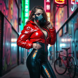 A hot slim girl with big boobs, confidently wearing a shiny red tight puffer jacket that perfectly accentuates her figure, alongside sleek black latex leggings that highlight her curves