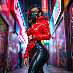A hot slim girl with big boobs, confidently wearing a shiny red tight puffer jacket that perfectly accentuates her figure, alongside sleek black latex leggings that highlight her curves