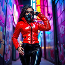 A hot slim girl with big boobs, confidently wearing a shiny red tight puffer jacket that perfectly accentuates her figure, alongside sleek black latex leggings that highlight her curves