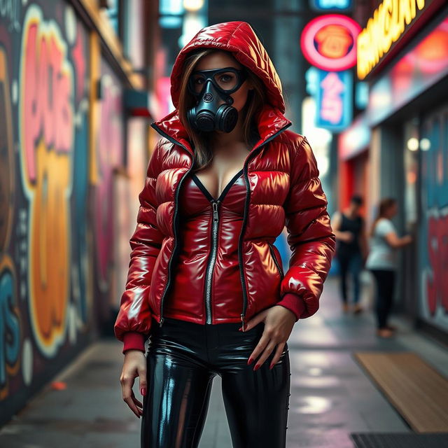 A hot slim girl with big boobs, confidently wearing a shiny red tight puffer jacket that perfectly accentuates her figure, alongside sleek black latex leggings that highlight her curves