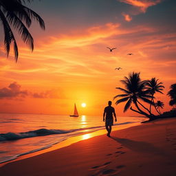 A stunning sunset over a tranquil beach, with golden sand and gentle waves lapping at the shore