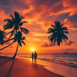 A stunning sunset over a tranquil beach, with golden sand and gentle waves lapping at the shore