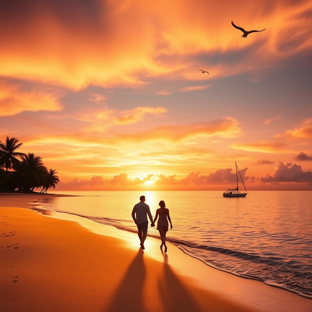 A stunning sunset over a tranquil beach, with golden sand and gentle waves lapping at the shore