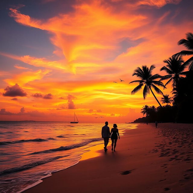 A stunning sunset over a tranquil beach, with golden sand and gentle waves lapping at the shore