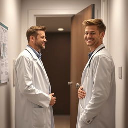An androgynous doctor wearing a crisp white coat opens the door to his office, exuding a confident yet caring demeanor