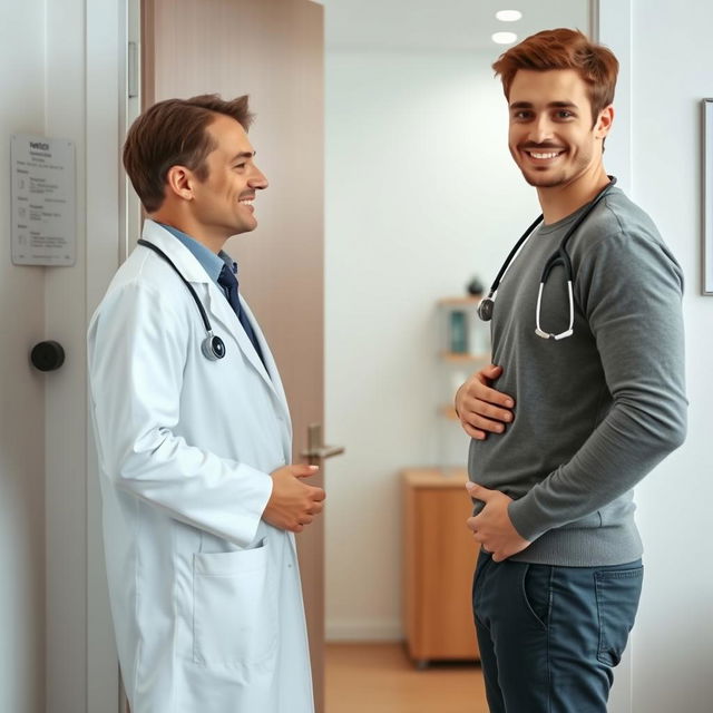 An androgynous doctor wearing a crisp white coat opens the door to his office, exuding a confident yet caring demeanor