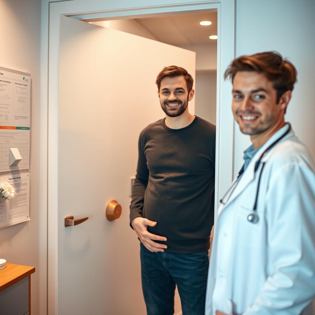 An androgynous doctor wearing a crisp white coat opens the door to his office, exuding a confident yet caring demeanor