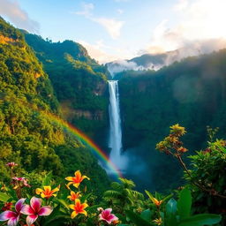 A breathtaking view of Salto Angel, the world's highest waterfall, cascading dramatically down amidst lush green tropical rainforest