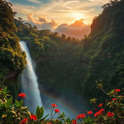 A breathtaking view of Salto Angel, the world's highest waterfall, cascading dramatically down amidst lush green tropical rainforest