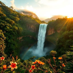 A breathtaking view of Salto Angel, the world's highest waterfall, cascading dramatically down amidst lush green tropical rainforest