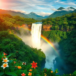 A breathtaking view of Salto Angel, the world's highest waterfall, cascading dramatically down amidst lush green tropical rainforest