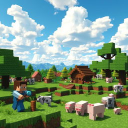 A vibrant and colorful Minecraft landscape featuring an expansive blocky terrain with green grass, blocky trees, and a clear blue sky filled with fluffy white clouds