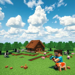 A vibrant and colorful Minecraft landscape featuring an expansive blocky terrain with green grass, blocky trees, and a clear blue sky filled with fluffy white clouds