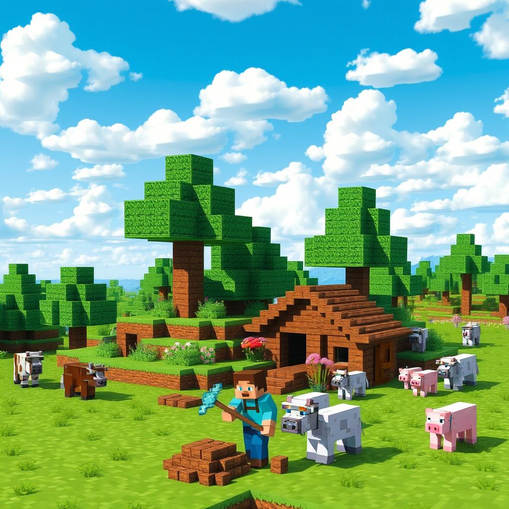 A vibrant and colorful Minecraft landscape featuring an expansive blocky terrain with green grass, blocky trees, and a clear blue sky filled with fluffy white clouds