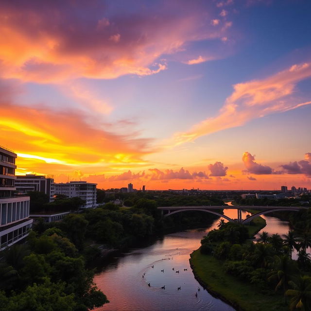 A stunning landscape of Ciudad Guayana, Venezuela at sunset, showcasing the Orinoco River meandering through the city